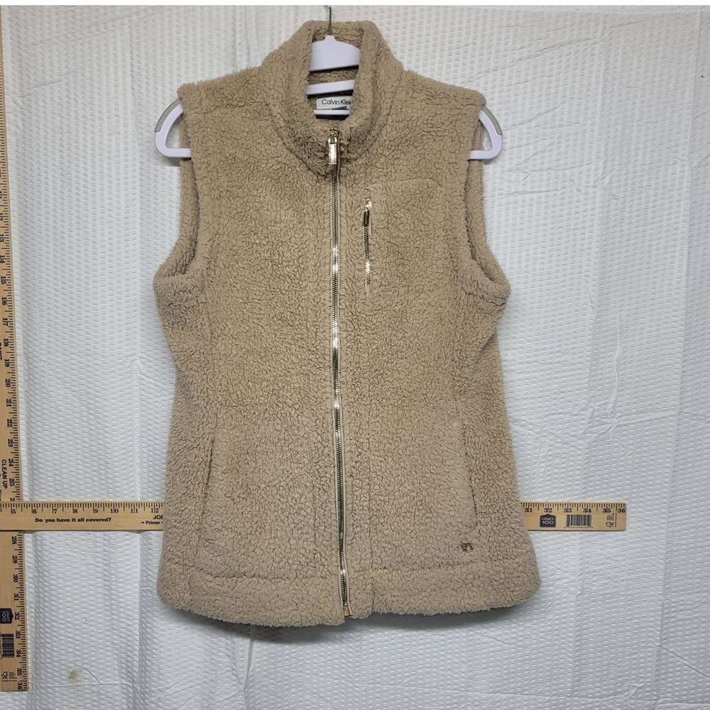 Calvin Klein Womens‎ Tan Sherpa Fleece Zip Up Vest Beige Small Gold Hardware